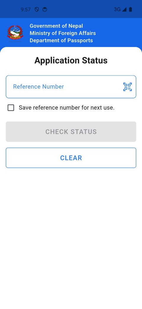 Application Status β reference number entry, with a saved-number shortcut for returning applicants.